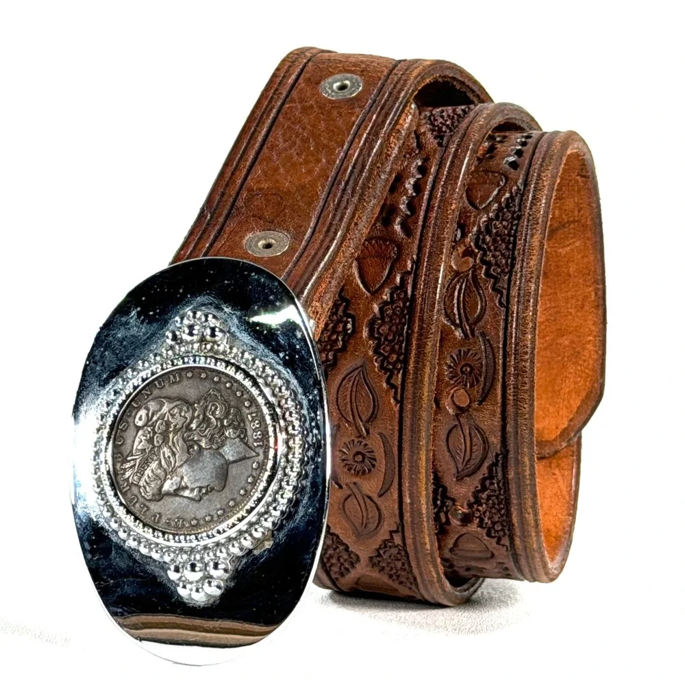 Vintage 1887 Morgan Dollar Oval Belt Buckle Stainless Brown Tooled Leather sz 34